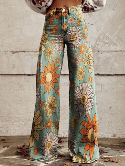 Inès™ | Pantalon Évasé à Fleurs Rétro