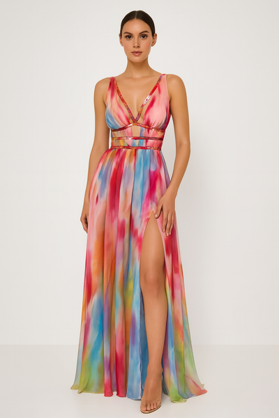 Édeline™ | Robe longue fendue à imprimé multicolore