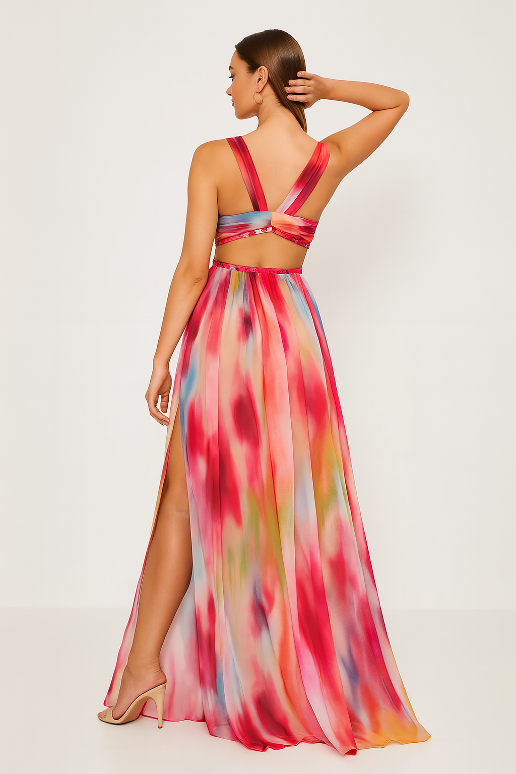 Édeline™ | Robe longue fendue à imprimé multicolore